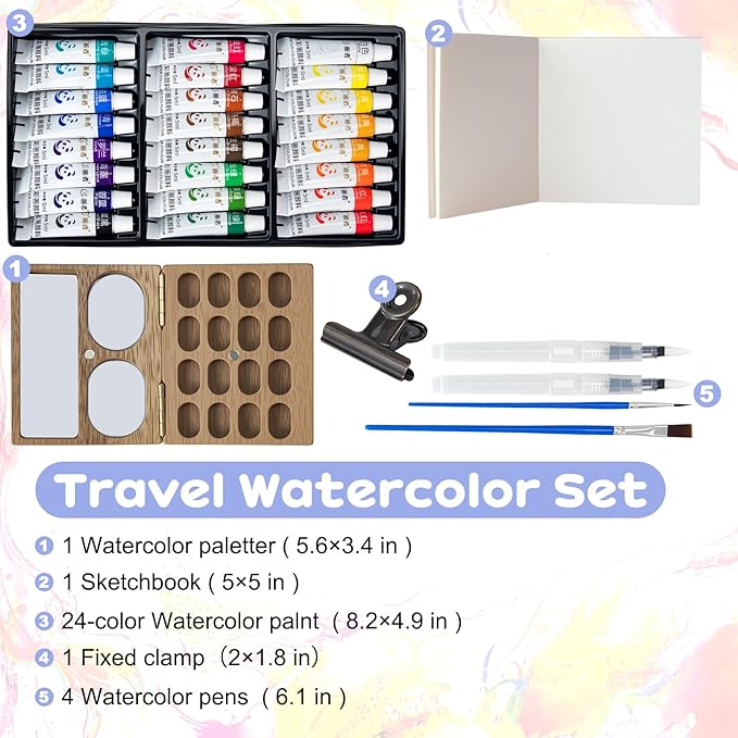 Mini Watercolor Paint Set，Travel Watercolor Set，Portable Watercolor Kit，Pocket Artist Water Color Travel Set with Include Paint, Brush and Picture Album for Beginners Artists Painting Enthusiasts