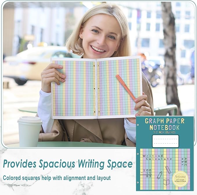 3 Pack Colored Graph Paper Notebook 8.5"x 11" Large Square Graph Paper for 3 Ring Binder 1/2 Inch Squares Math Grid Notebook 3 Hole Punch Graph Writing Paper for Kids School Dyslexia Dysgraphia