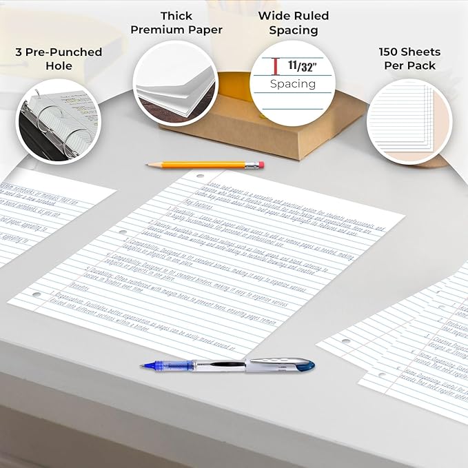 Rosmonde 1152 Pack (Pallet) Loose Leaf Paper Bulk, 172800 Sheets, Wide Ruled, Pallet of Filler Paper, 150 Sheets/Pack, 8 x 10.5", 3 Hole Punched, Thick Filler Paper, School & Office, 4-7 Days Transit