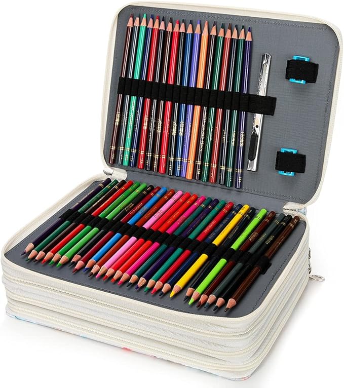 Vomgomfom 200 Slots Pencil Bag, 4-Layer Zipper Portable Art Supply Organizer, PU Leather Large Capacity Colored Pencil Case with Handle for 200 Watercolor Pens, Gel Pens (Gray Rose)