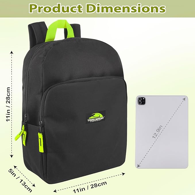 Trail maker 15 Inch Backpack for Kids, Preschool, Elementary & Middle School Students – Spacious Bookbag with Large Front Pocket, Adjustable Straps, Fits up to 13 Inch Laptop (Black Neon)