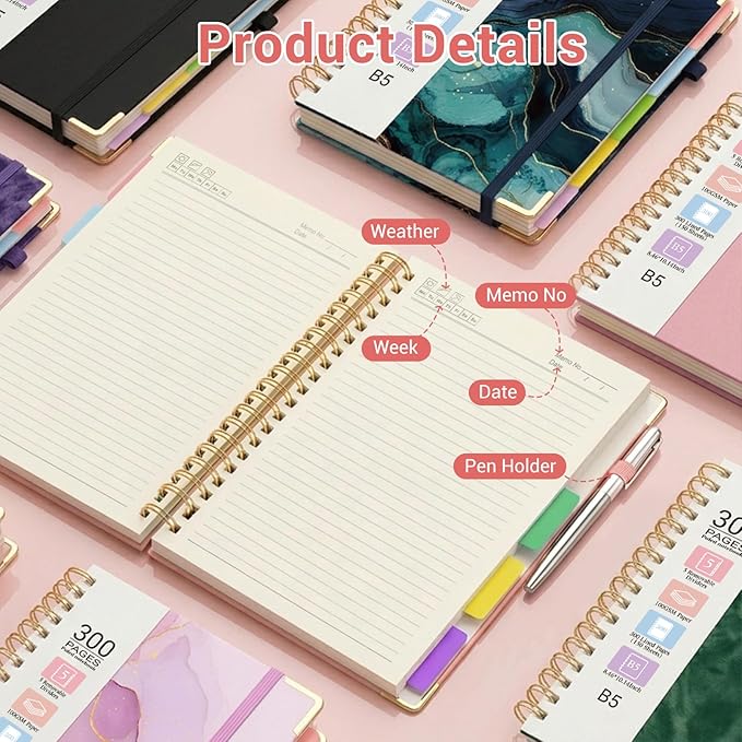 Hardcover Spiral Journal Notebook, 300 Pages 5 Subject Notebook College Ruled with Removable Dividers Tabs, 8" x 10" Notebooks for Work, Spiral Ruled Lined Writing Journal, Hardcover Leather Notebook for School (Pink, 8''x 10'')