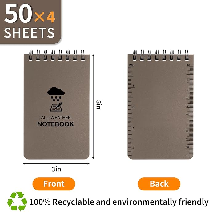 COIDEA Waterproof Notebook, 4 Pack Top-Spiral Pocket Notepad, 3" x 5" Weatherproof NotePad, All Weather Police Pocket Notebook Little Memo Steno Note Pads for Outdoor Office School Recording, Brown