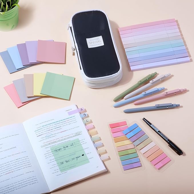 49Pcs Book Annotation Kit - Aesthetic School Supplies with Cute Pen Case Highlighters Gel Pens and Marker, Sheets Transparent Index Tabs Sticky Notes Bible Study Supplies(Black)