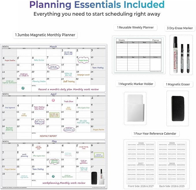 Extra Large Magnetic Dry Erase 3 Month Calendar for Wall, 46" x 63" Jumbo 90 Day Quarterly Whiteboard Calendar, Dual-Sided Magnetic Undated Planner with Big Blocks for Office & Family