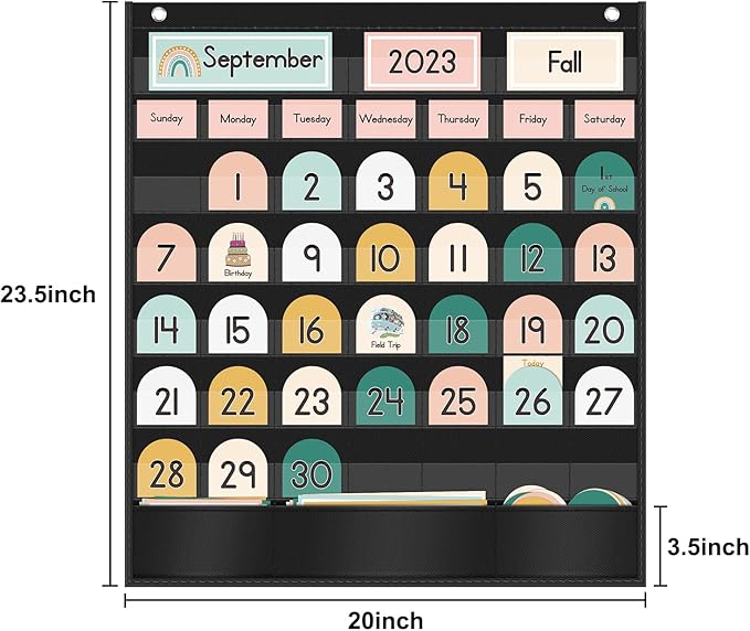 Eamay Boho Calendar Pocket Chart with 90 Cards for Kids Learning,Classroom and Home School Décor,Black