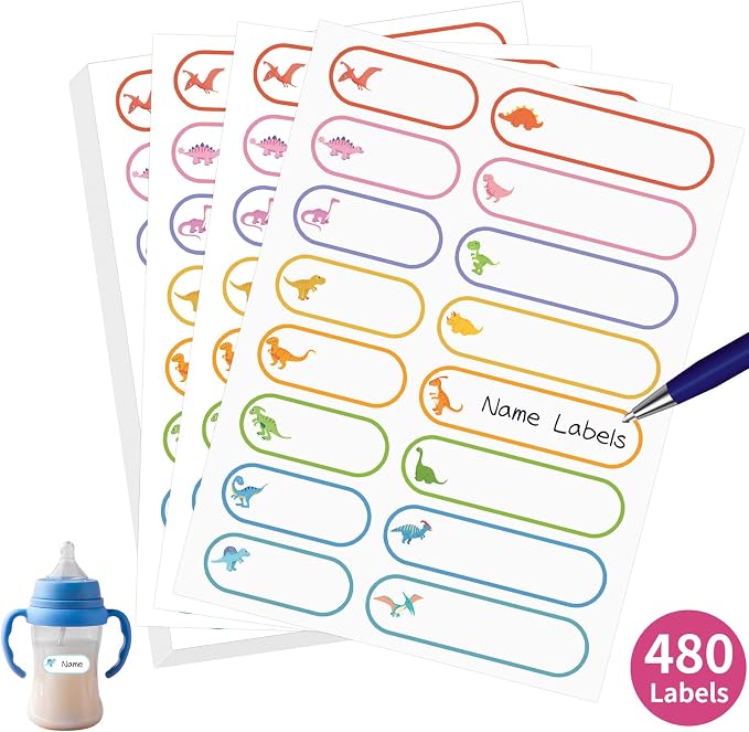 480 Pcs Waterproof Labels for Kids Stuff Daycare Name Bottle Essentials | Cute Dinosaur Self-Adhesive Baby Water Bottle Stickers for School Supply, Self-Laminating Write-on, Reusable Washable