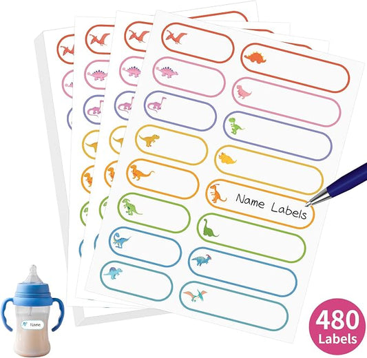 480 Pcs Waterproof Labels for Kids Stuff Daycare Name Bottle Essentials | Cute Dinosaur Self-Adhesive Baby Water Bottle Stickers for School Supply, Self-Laminating Write-on, Reusable Washable