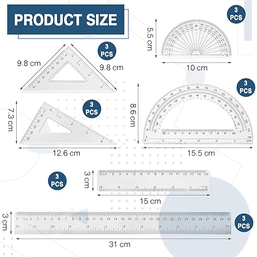 Tenare 18 Pcs Plastic Clear Math Set Includes Protractor Triangle Rulers 12 Inch 6 Inch Straight Geometry Math Transparent Ruler Measuring Tool for Office Home Supplies