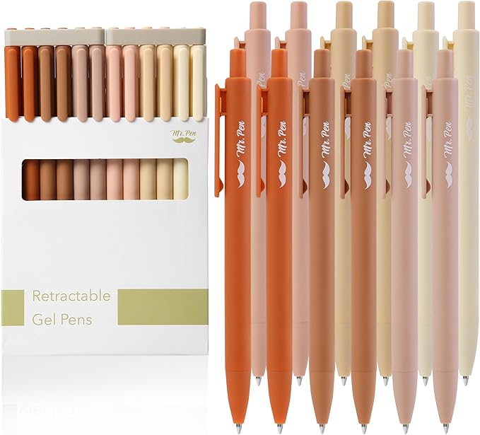 Mr. Pen- Retractable Gel Pens, 12 Pack, Black Ink, Natural Colors Barrels, Fine Point 0.5mm, Fast Dry, Smooth Writing, Cute Pens for Drawing, Writing Planner and School Supplies