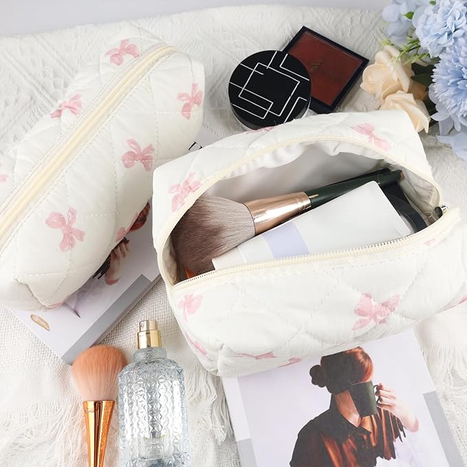 URSKYTOUS 2Pcs Cotton Quilted Makeup Bag for Women Small Coquette Cosmetic Bags Cute Zipper Pink Bow Makeup Pouch Aesthetic Portable Pencil Case Travel Toiletry Bag Trendy Cloth Skincare Bags