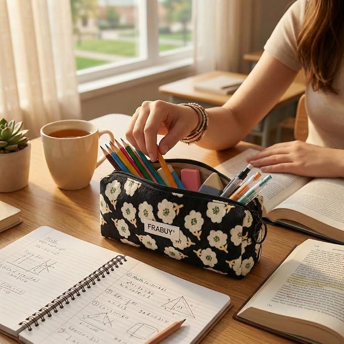 Soft Corduroy Pencil Case Pen Pouch Organizer, Small Stationery Bag | Cute black plum blossom pencil pouch, smooth zipper, daily cosmetics holder, compact organizer for school teen girls, women