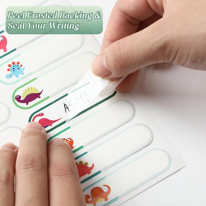 Waterproof Name Labels for Kids Daycare 320 Pcs, Dinosaur | Self Adhesive Baby Water Bottle Stickers for School Supplies, Self Laminating, School Name Stickers for Lunch Boxes