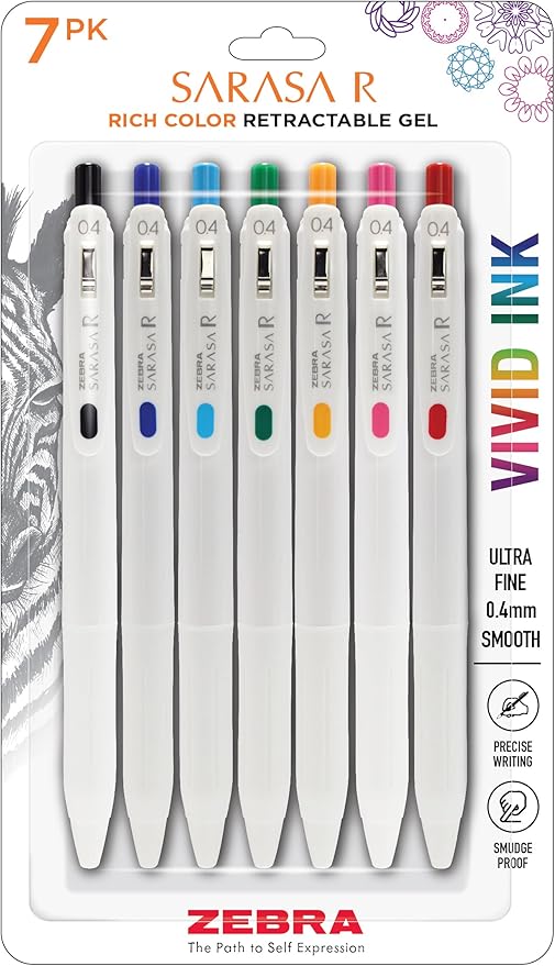 Zebra Pen, SARASA R Gel Pens, Assorted Ink Colors, 0.4mm Fine Point, Vivid Ink to Create Deep, Saturated Color and Smooth Gel Lines, Quick-Drying for Smear-Free Writing, Made in Japan, 7-Pack (47807)