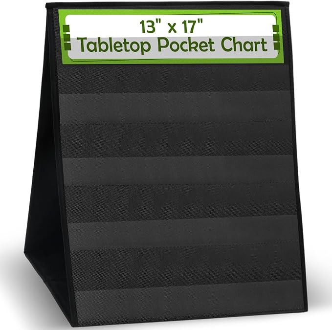 Essex Wares – 1 Pack - 13" Wide x 17" Tall Tabletop Pocket Chart, Black - Double Sided with 5 Straps Each- Ultra-Durable Pocket Chart Stand for Classroom - Easy to Use, Reusable & Foldable