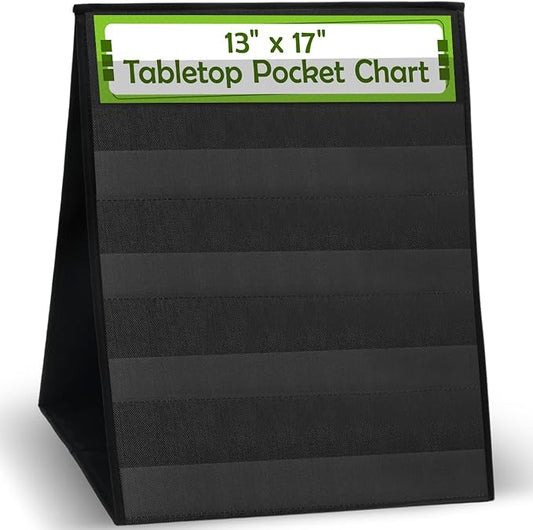 Essex Wares – 1 Pack - 13" Wide x 17" Tall Tabletop Pocket Chart, Black - Double Sided with 5 Straps Each- Ultra-Durable Pocket Chart Stand for Classroom - Easy to Use, Reusable & Foldable