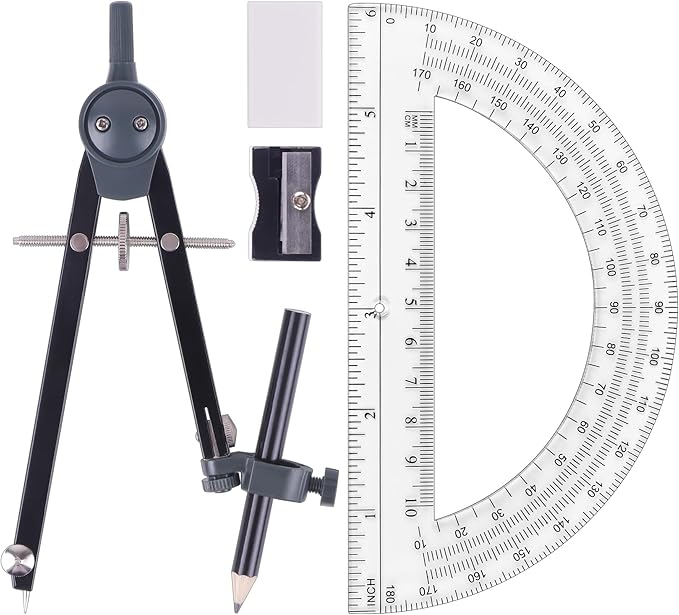 UNJOO Professional Compass for Geometry Set, Metal Compass with Wheel and Lock for Geometry, Drawing Compass Tool, Circle Drafting Tool, and 6 Inch Math Protractors 180 Degree (Black)