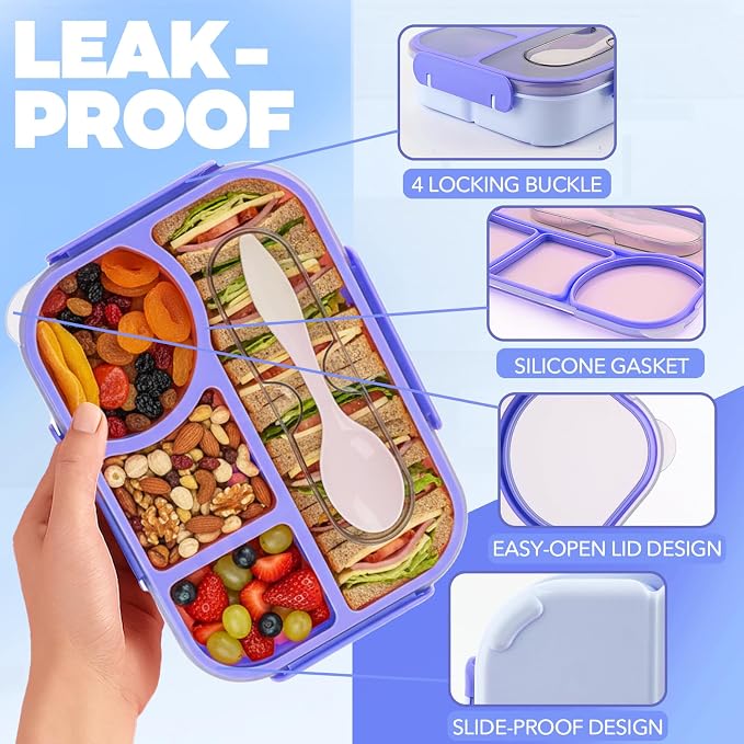 Bento Box for Adults, 4 Compartments Lunch Box, Lunch Containers, Blue