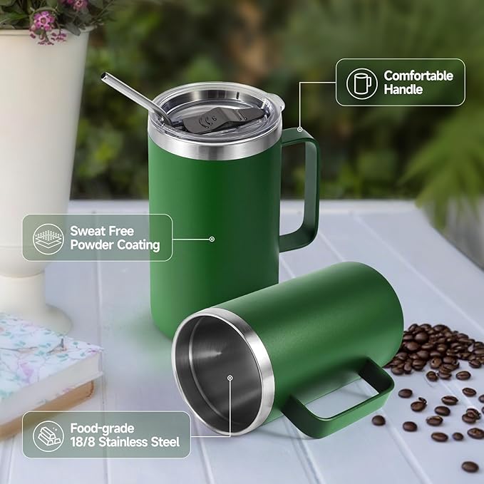 Volhoply 22oz Insulated Stainless Steel Coffee Mug with Leakproof Lid,Double Wall Vacuum Travel Coffee Cup with Handle,Reusable Metal Tumbler,Camping Mugs Keep Hot&Cold(Army Green,1)
