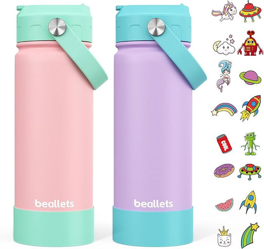 2-Pack Kids Water Bottle, 18oz Toddler Insulated Bottles with Stickers, 18/8 Stainless Steel Leak-Proof Kids Straw Cup for School, Gifts for Boy(GreenPink+PurpleBlue)