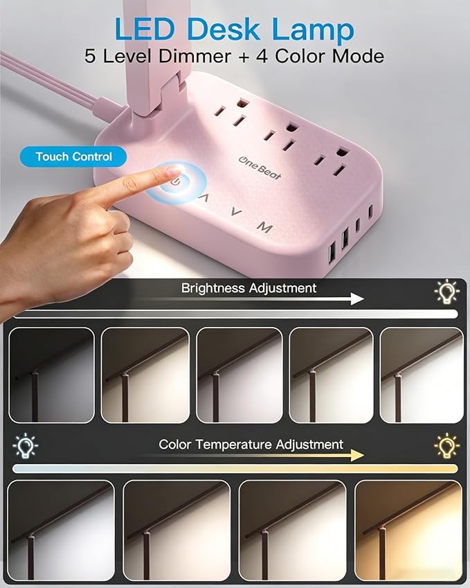 One Beat Small LED Desk Lamp Power Strip 5ft Extension Cord with 3 Outlets 4 USB Ports(2 USB C), 4 Modes, 5 Level Touch Lamp Study Reading Light, Home Office Bedroom College Dorm Room Essentials, Pink