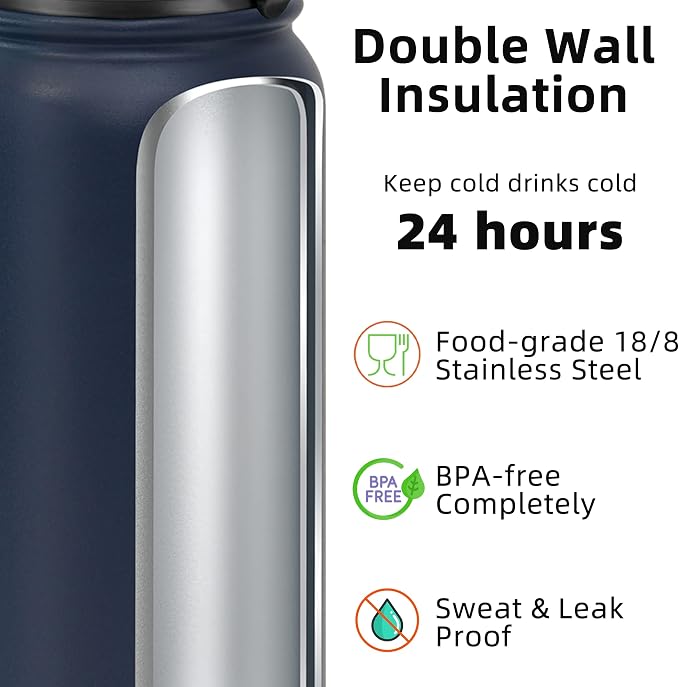 Fanhaw 32 Oz Kids Insulated Stainless Steel Water Bottle with Straw Lid, Leakproof & Anti-Dust Everyday Use Bottle for School, Women & Men, Back to School Essentials (Navy Blue)