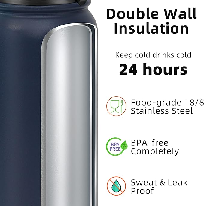 Fanhaw 32 oz Insulated Stainless Steel Water Bottle with Anti-Dust Chug Lid, Leakproof Vacuum Sports Bottle for Kids, Teens & Adults, Back to School Essentials (Navy Blue)