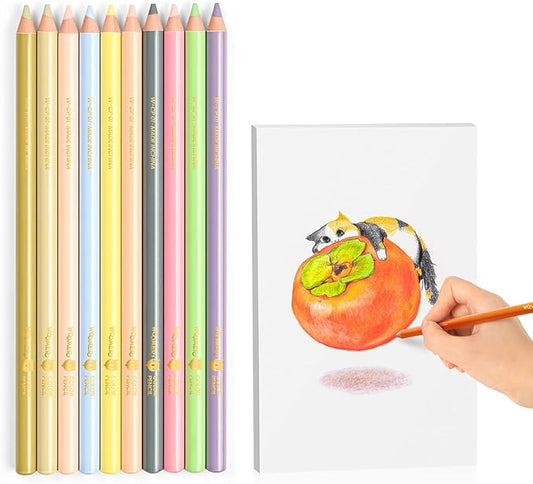 Woomer Colored Pencils: 10-Piece Light-Tone Colored Pencils with Paper 20 Professional Fine Grain Drawing Paper for Multi-Layer Blending Practice