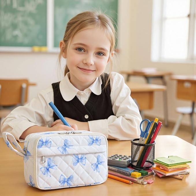 WOBAGMEN Quilted Pencil Pouch for Women, Large Capacity Pencil Case with Compartments, Cute Aesthetic Pencil Organizer, Floral Stationery Pouch（Blue Bow）