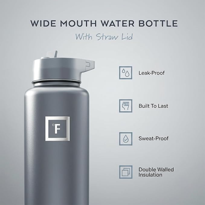 IRON °FLASK 40 oz Wide Mouth Water Bottle with Straw | Insulated Stainless Steel Sports Water Bottle with Leakproof Straw Lid - BPA Free, Cold 24 Hrs, Sweat Free (Graphite)