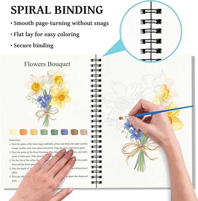 Elfew 2 Pack Watercolor Workbooks Coloring Books, 24 Pages Beginner Friendly Painting Kit, Detailed Steps, 12 Colors Paint Set with Brush, Stress-Relieving Gift for Adults & Women (Animals & Flowers)