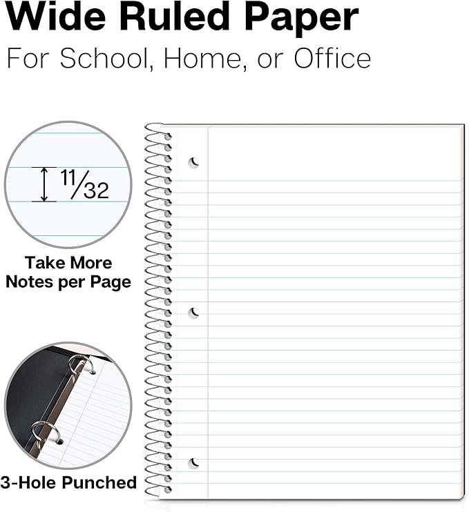Dunwell 1 Subject Notebook, Plastic Cover, 80 Sheets, Spiral Notebook, Wide Ruled 8x10.5 Paper, 3-Hole Punched Tear-Off Pages, Divider with Pockets