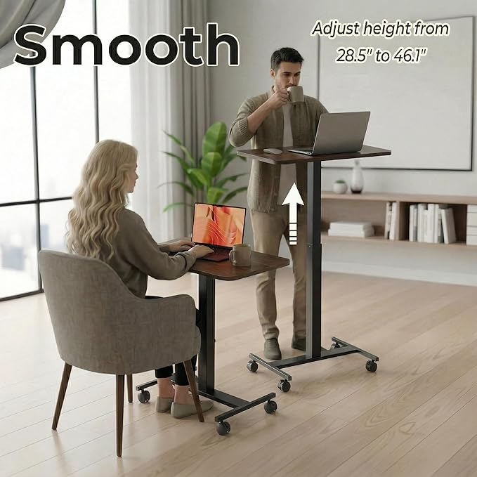 HUANUO Small Rolling Laptop Standing Desk, Height Adjustable Mobile T-Base Desk with Lockable Casters, Portable Sit-Stand Workstation for Bedside & Sofa, Walnut