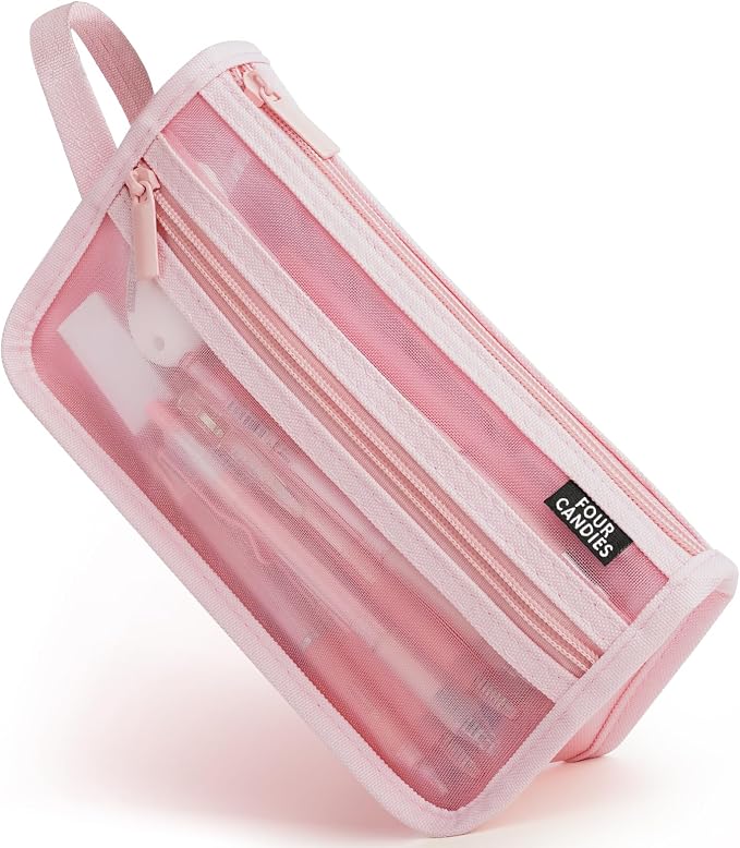 Four Candies Grid Mesh Pencil Case, Clear Double-layer with Handle (Pink) | Smooth Zipper, Transparent Pencil Pouch, Cute Stationary, Makeup Bag, Travel Friendly, for Adult Office College