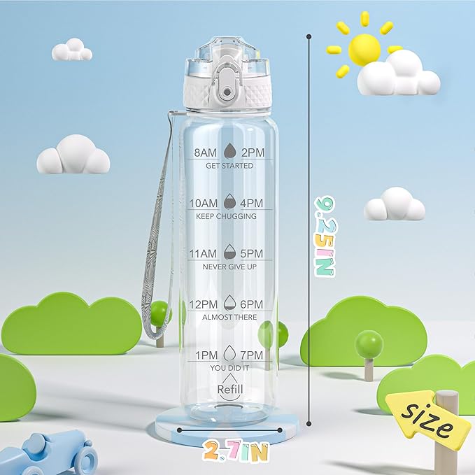 OLDLEY 17oz Kids Water Bottle, Tritan BPA-Free, Leakproof Flip Straw Lid, Motivational Time Marker, Carry Strap, Reusable Clear Water Bottle for Boys & Girls,Clear