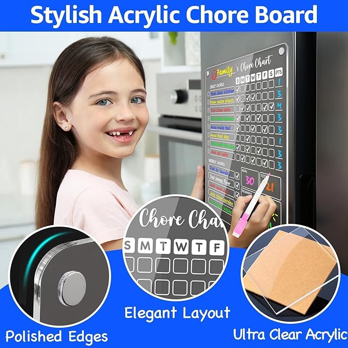 PigPotParty Acrylic Magnetic Chore Chart for Kids, 2 Pack 12 x 9.5 Inch Reward Chart for Multiple Kids and Teens, Dry Erase Chore Board for Fridge, Embedded Magnets, 8 Wet Erase Markers and 1 Towel