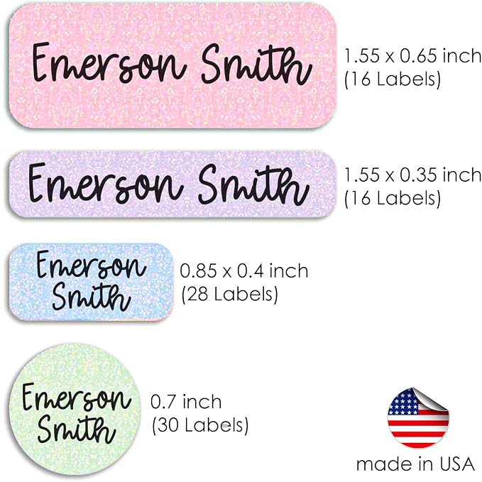 COACO Personalized Kids Name Labels, 90 Holographic Labels, Waterproof, Dishwasher Safe, Ideal for Daycare, Back to School Gift for Kids, Labels for Kids School Supplies (Pastel Solid)