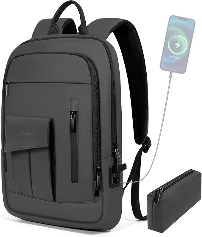 Business Backpack for Men Slim Lightweight Laptop Backpack for 17.3 Inch Computer Water Resistant Small Office Backpack for Commute Travel Daily Office Work with Small Bag (Grey, 17.3")