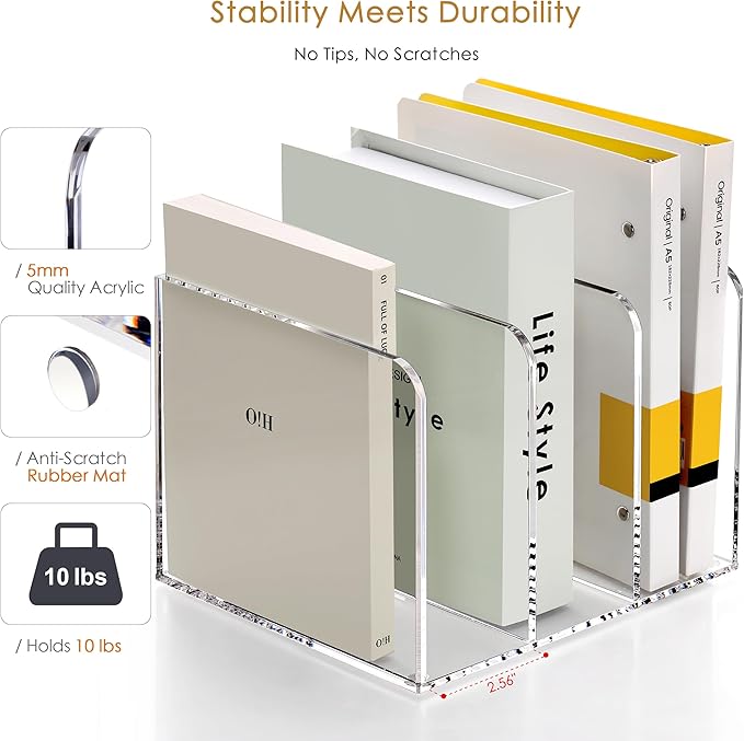 SANRUI Clear Acrylic File Organizer - 3 Compartments Magazine Holder, Vertical File Sorter for Home Office/Classroom/Dorm, Non-Slip Desk File Rack, No Assembly Required, B5 Size