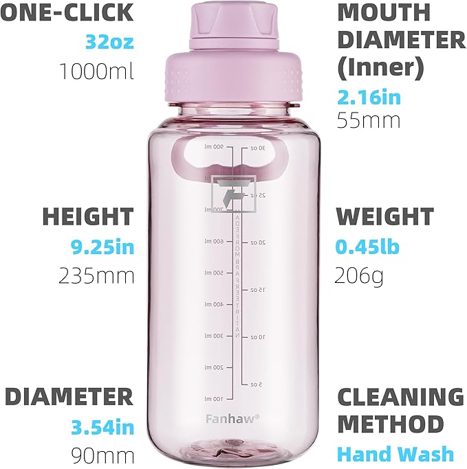 Fanhaw 32 oz Clear BPA-Free Tritan Water Bottle with Fast-Flow Spout Lid, Leakproof Wide-Mouth Reusable Bottle for Gym, School & Office (Cherry Blossom)