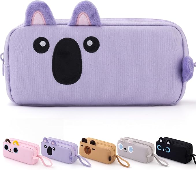 CICIMELON Cartoon Pencil Case, Large Capacity Pen Pouch with Embroidered Animal Design, School Supplies Bag for Kids, Teens, Students (Purple Koala)
