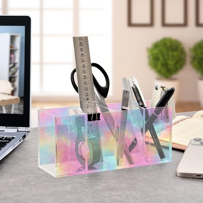 Aslsiy Tie Dye Spiral (19) Pen Holder for Women 4 Compartments Acrylic Pencil Holder Clear Makeup Brush Holder Desk Organizer Office Supplies