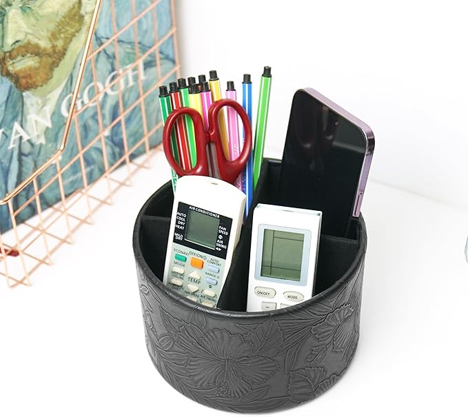 Round Leather Art Supply Organizer,Remote Control Holder,360 Degree Spinning,Multi-Functional Pencil Holder,4 Compartments Desktop Stationary Organizer(1-Carved Black)
