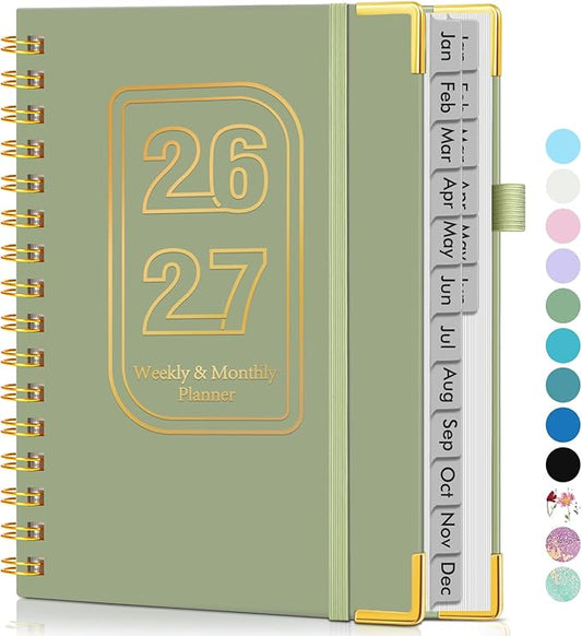 Planner 2026-2027, 18 Months Weekly and Monthly Hardcover Planner, January 2026 - June 2027, 5.75" x 8.38" A5 Daily Calendar Planner Book with Tabs, Spiral Yearly Agenda Organizer Notebook for School Work Home, Green