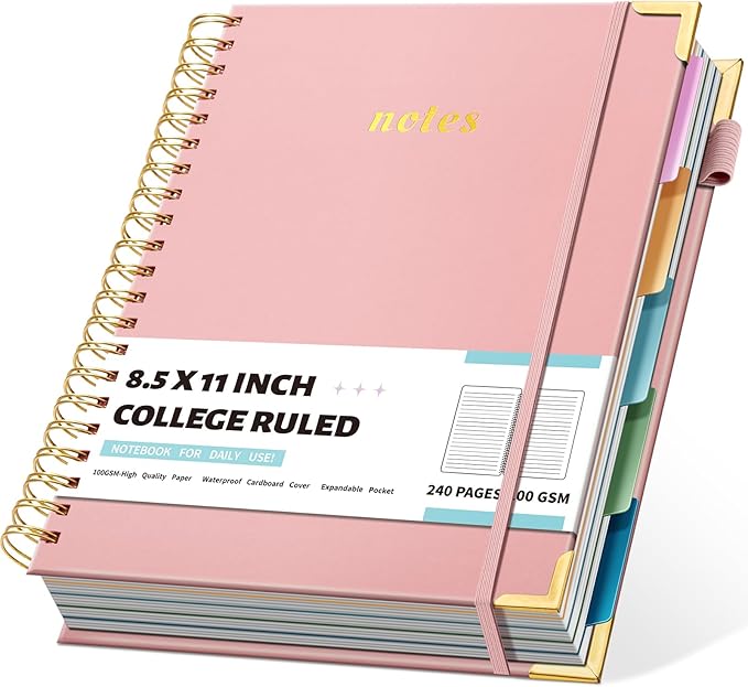Hardcover Spiral Notebooks 8.5" X 11" Note Taking 5 Subject Notebook College Ruled with Dividers 240 Pages 100GSM Aesthetic Spiral Notebook for Work School Cute Journals for Women Writing, Light Pink