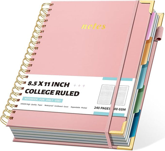 Hardcover Spiral Notebooks 8.5" X 11" Note Taking 5 Subject Notebook College Ruled with Dividers 240 Pages 100GSM Aesthetic Spiral Notebook for Work School Cute Journals for Women Writing, Light Pink