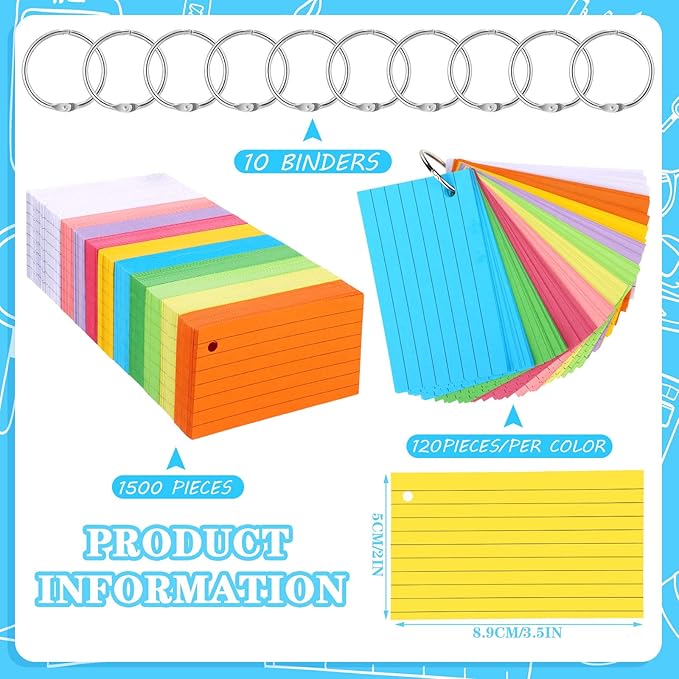 Patelai 1500 Pcs Index Cards Flash Cards with Rings 2 x 3.5 Inch Lined Notecards with 8 Pcs Metal Rings for Studying Learning Memory Office School Supplies(Mixed Color)