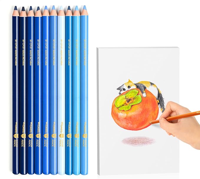 Woomer Colored Pencils: 10-Piece Blue Colored Pencils with Paper 20 Professional Fine Grain Drawing Paper for Multi-Layer Blending Practice