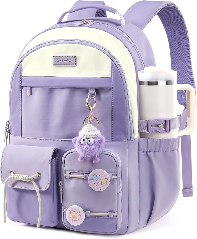 LOVEVOOK School Backpack for Girls Ages 8-16，Cute Student Bookbag for Teen Girls Kids Back to School with Cup Holder, DIY Ita Bag Fit 15.6 Inch Laptop for Elementary & Middle School