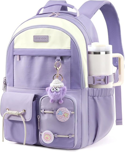 LOVEVOOK School Backpack for Girls Ages 8-16，Cute Student Bookbag for Teen Girls Kids Back to School with Cup Holder, DIY Ita Bag Fit 15.6 Inch Laptop for Elementary & Middle School